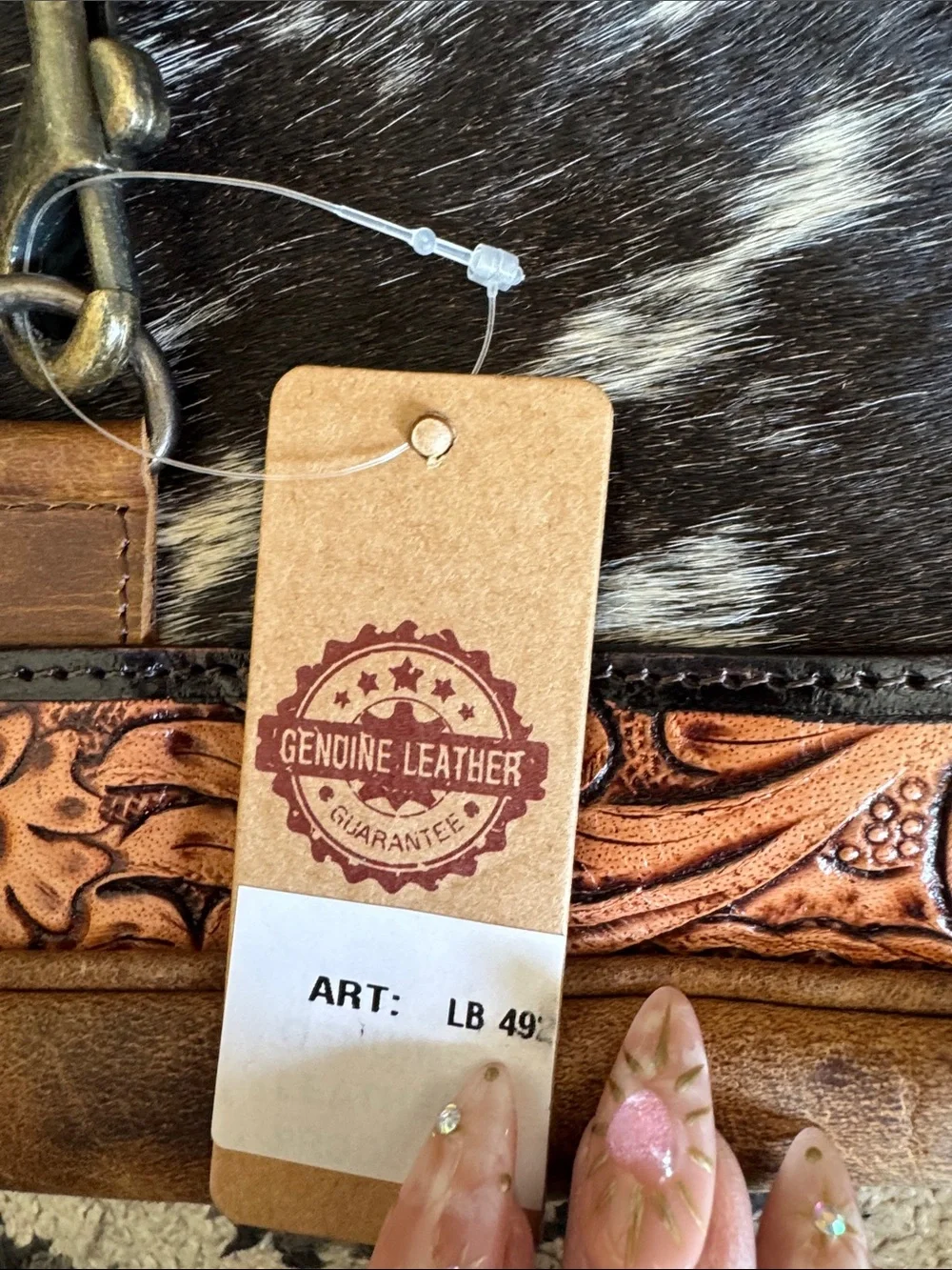Source Unknown Brown Tooled Leather Shoulder Bag with Black & White Cowhide